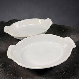 Le Creuset White Stoneware Oval Au Gratin Dishes Set of 2 Scalloped Handles